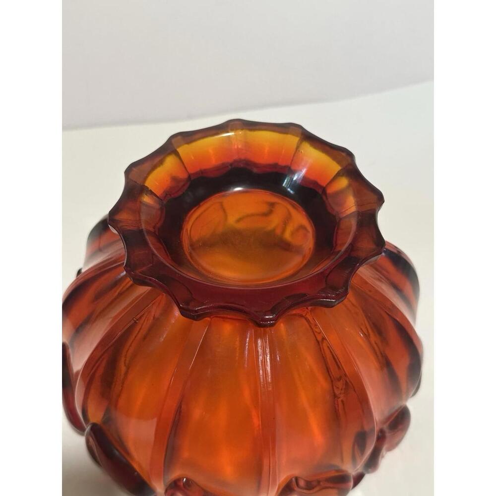 Indiana Tiara Ruby Cadmium Amberina UV Glow Glass Leaf Pattern Heavy Bowl MCM - Picture 7 of 8